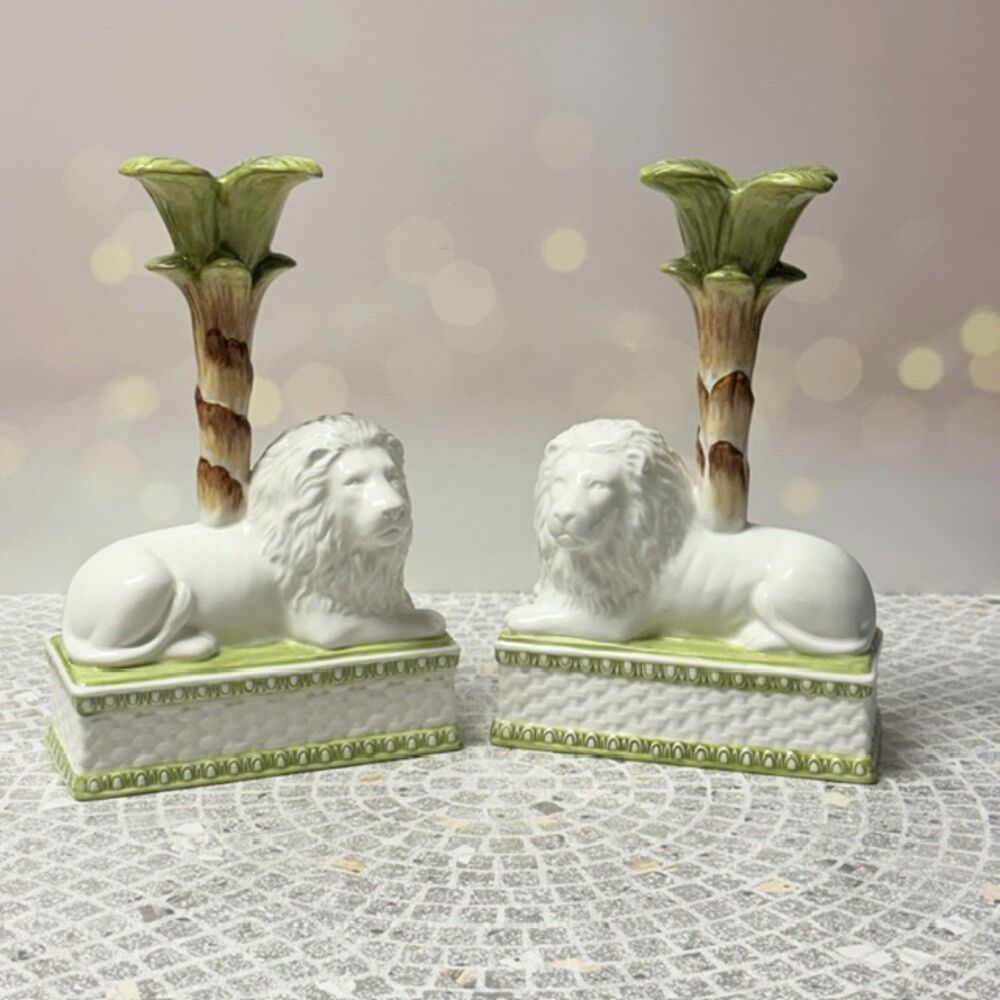 Raymond Waites Hampton Garden Lion Candlestick Holders Pair Palm Tree Ceramic